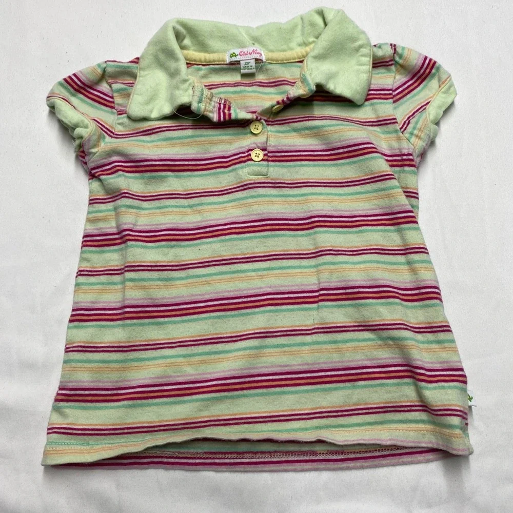 Old Navy Girls 3T Vintage 2006 Striped Polo Shirt Short Sleeve Cotton Lime Pink